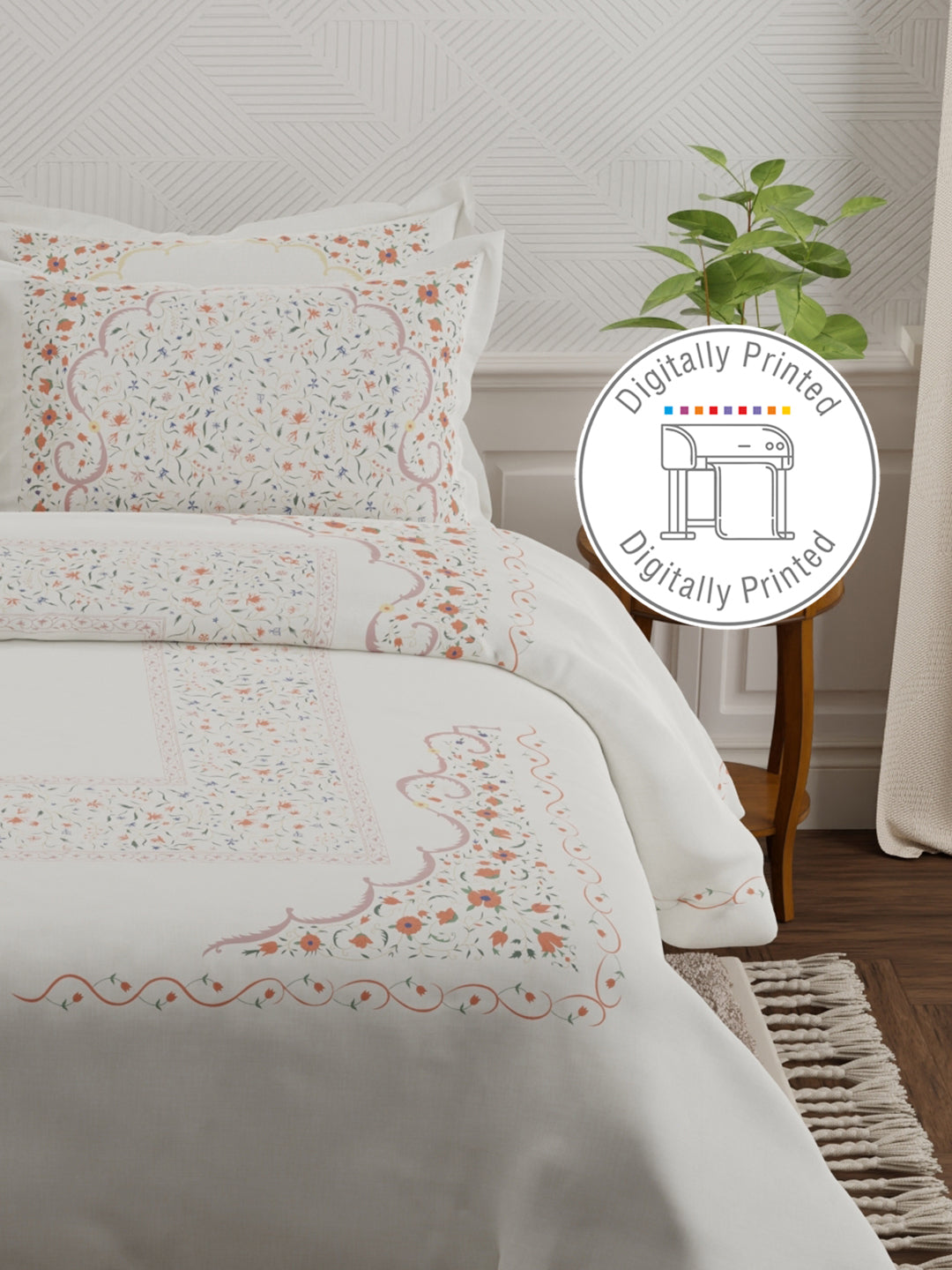 Platinum Pulse 100% Cotton 800 TC White & Red Digital Meenakari Print King Bedsheet with 4 Pillow Covers