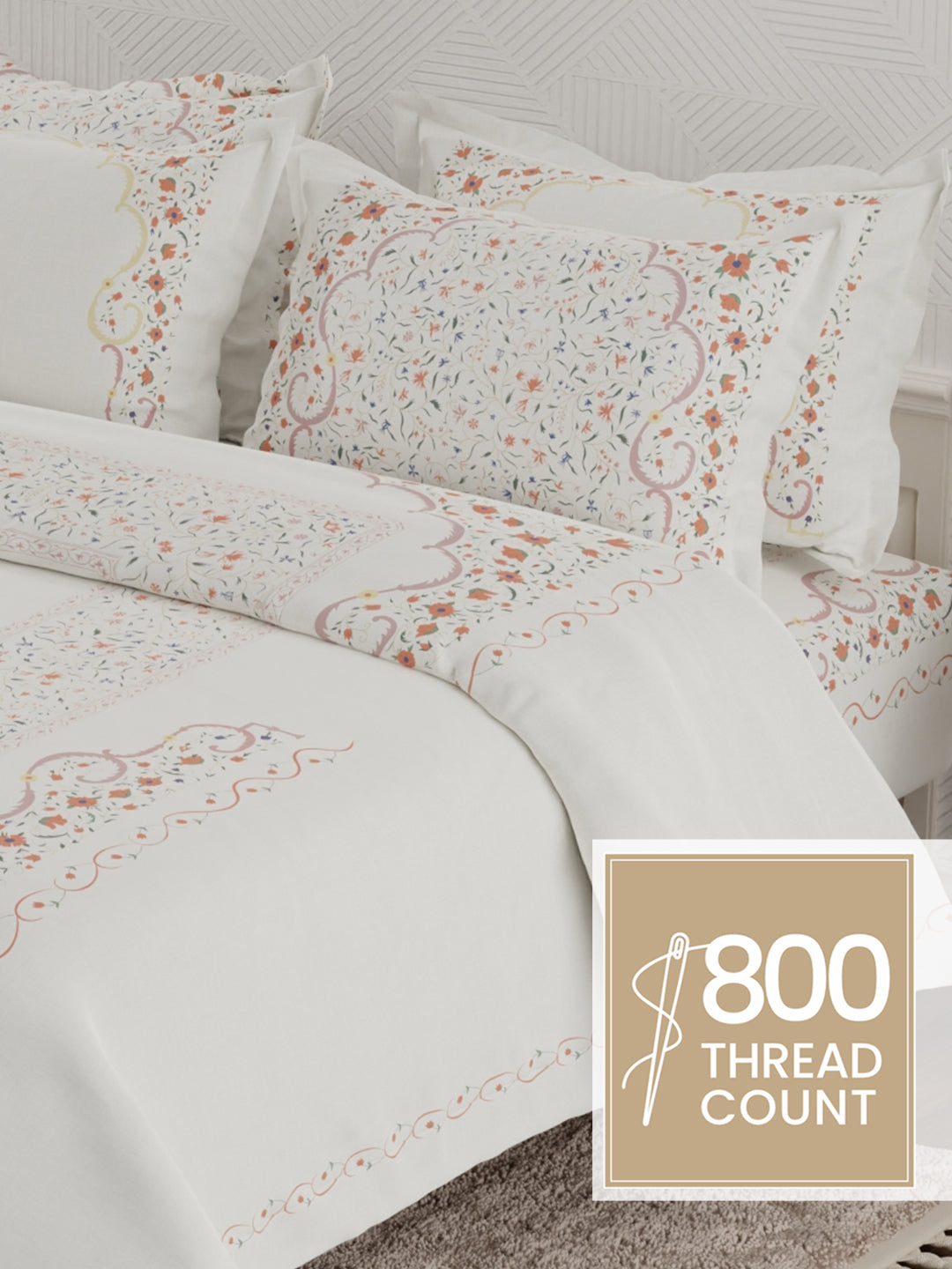 Platinum Pulse 100% Cotton 800 TC White & Red Digital Meenakari Print King Bedsheet with 4 Pillow Covers