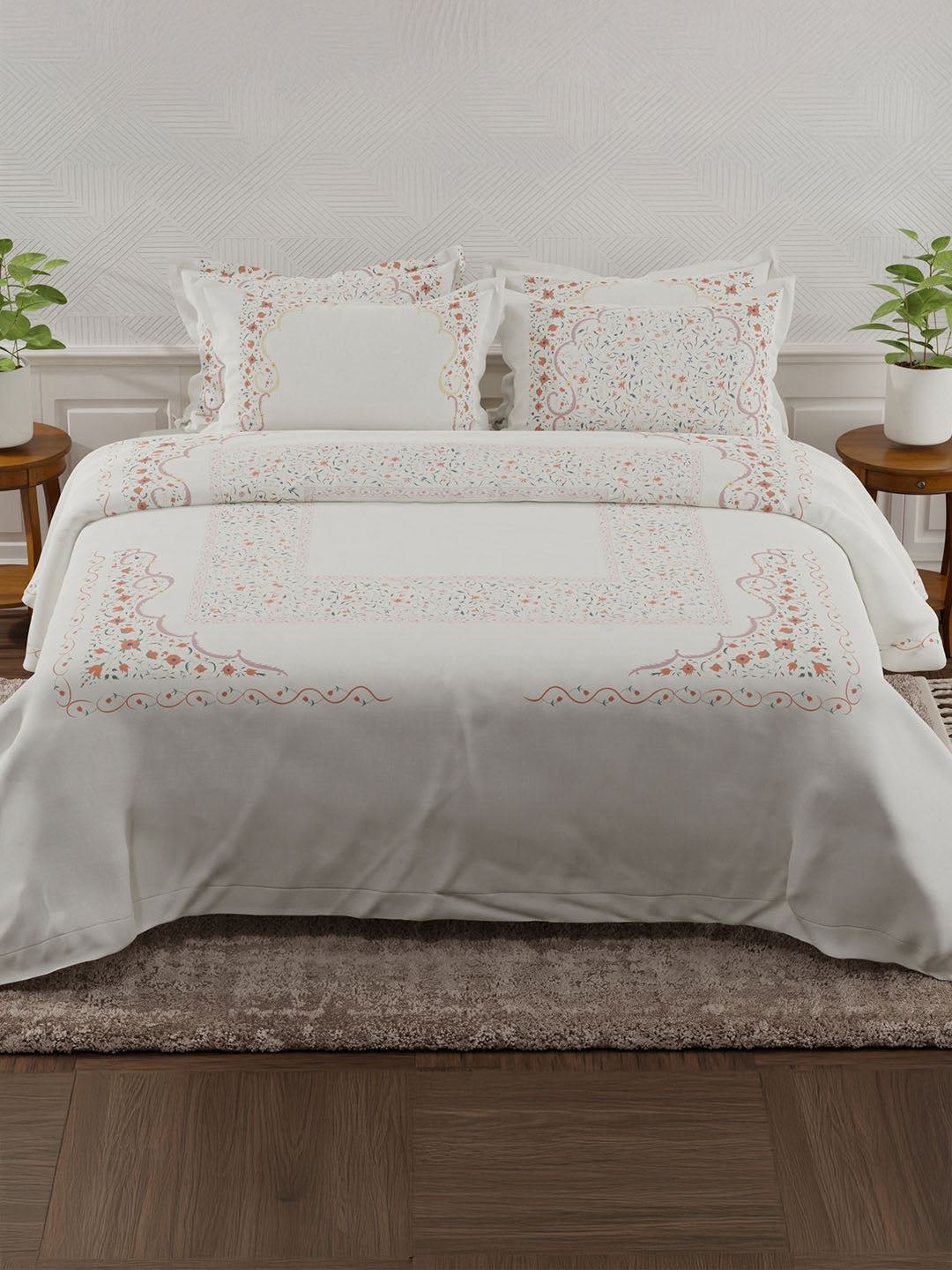 100% Cotton 800 TC King Bedsheet Set, White & Red Digitally Printed, Platinum Pulse Collection, Meenakari Design Prints