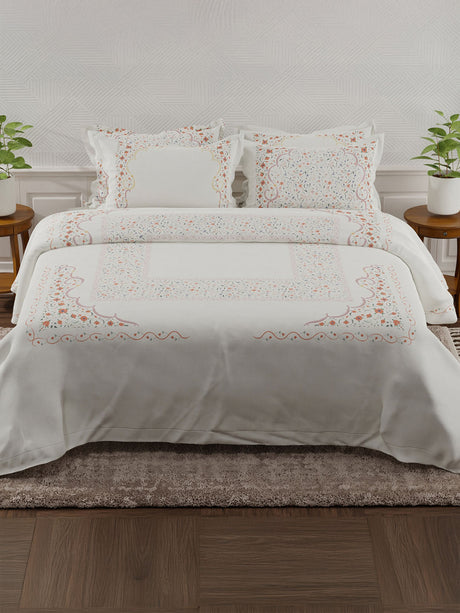 100% Cotton 800 TC King Bedsheet Set, White & Red Digitally Printed, Platinum Pulse Collection, Meenakari Design Prints