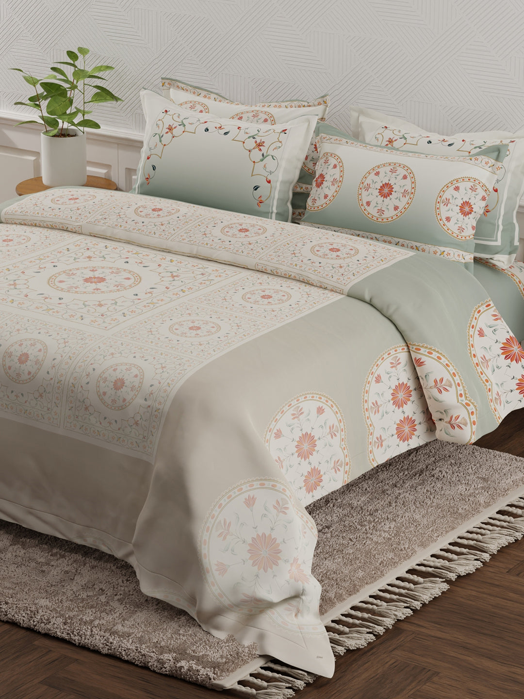 Platinum Pulse 100% Cotton 800 TC Grey Digital Meenakari Print King Bedsheet with 4 Pillow Covers