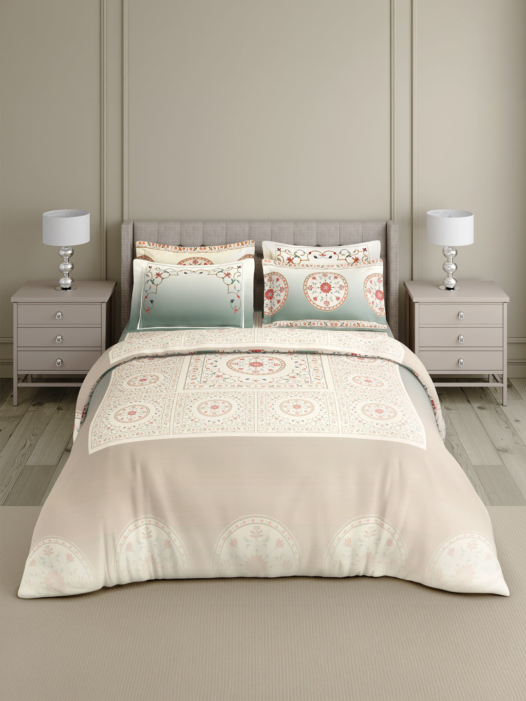 100% Cotton 800 TC King Bedsheet Set, Grey Digitally Printed, Platinum Pulse Collection, Meenakari Design Prints