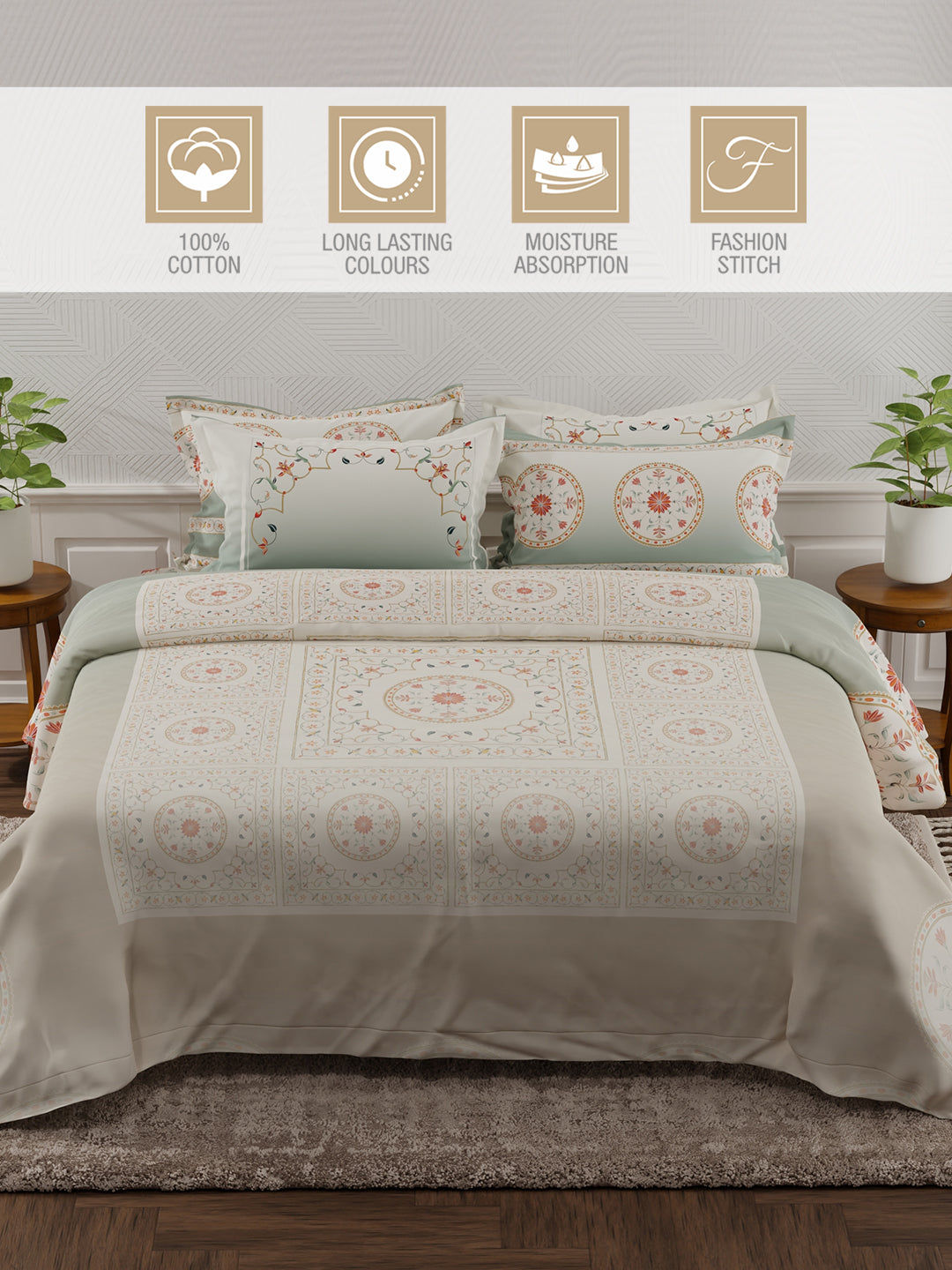 Platinum Pulse 100% Cotton 800 TC Grey Digital Meenakari Print King Bedsheet with 4 Pillow Covers