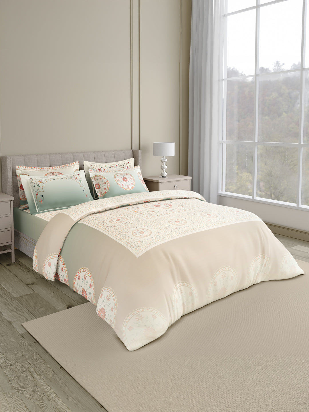 100% Cotton 800 TC King Bedsheet Set, Grey Digitally Printed, Platinum Pulse Collection, Meenakari Design Prints