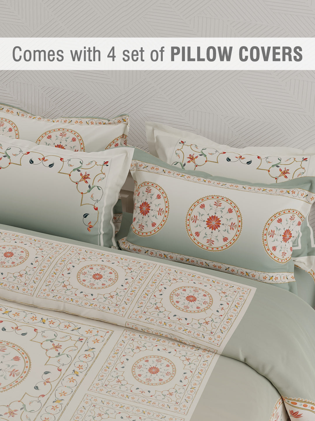 Platinum Pulse 100% Cotton 800 TC Grey Digital Meenakari Print King Bedsheet with 4 Pillow Covers