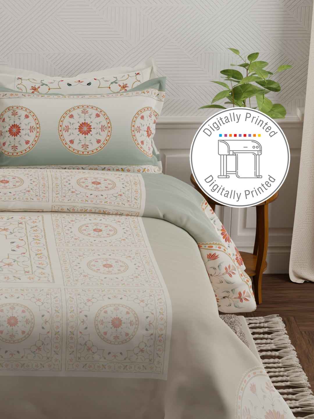 Platinum Pulse 100% Cotton 800 TC Grey Digital Meenakari Print King Bedsheet with 4 Pillow Covers