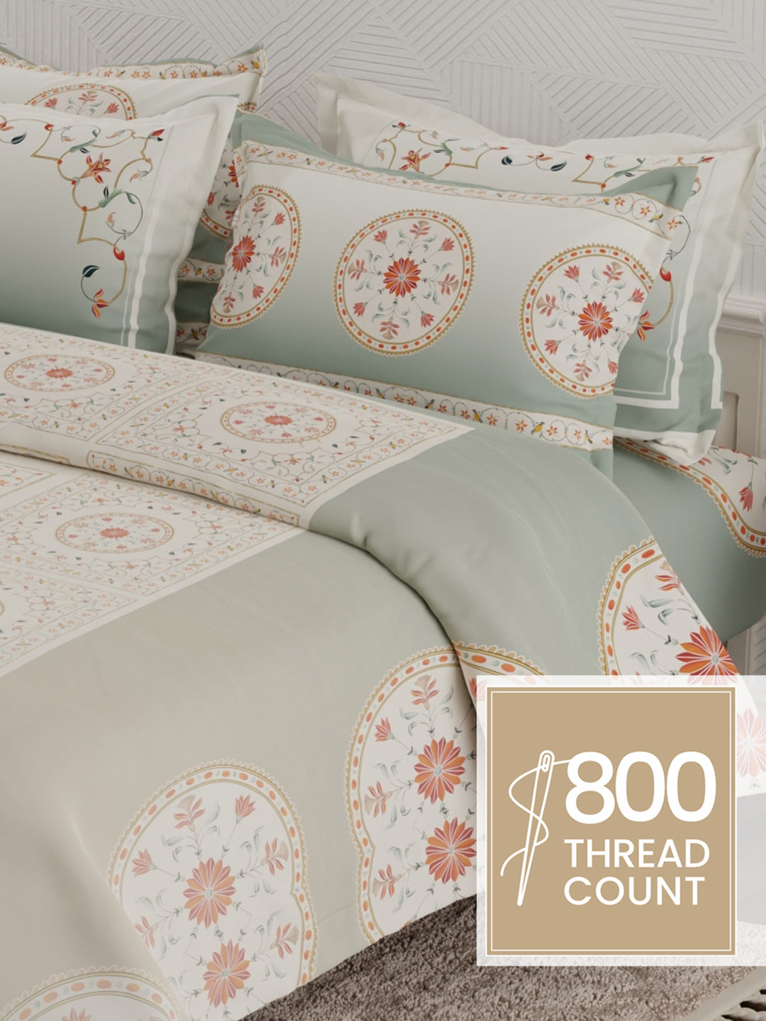 Platinum Pulse 100% Cotton 800 TC Grey Digital Meenakari Print King Bedsheet with 4 Pillow Covers