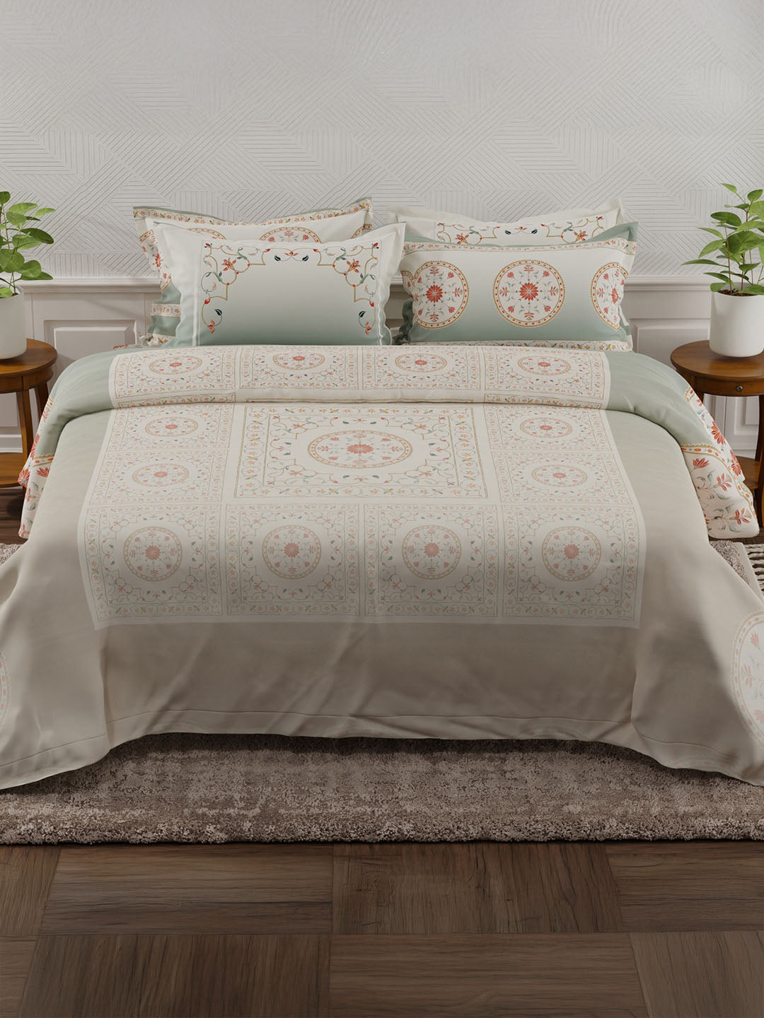 100% Cotton 800 TC King Bedsheet Set, Grey Digitally Printed, Platinum Pulse Collection, Meenakari Design Prints