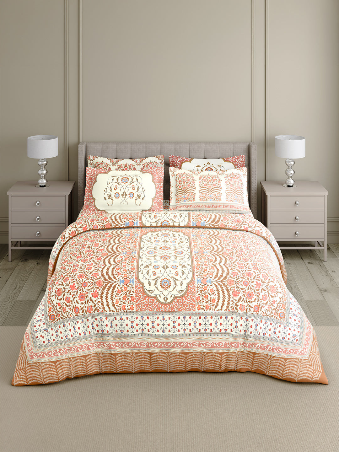 100% Cotton 800 TC King Bedsheet Set, Brown & Red Digitally Printed, Platinum Pulse Collection, Meenakari Design Prints