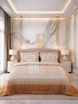 Luxurious bedroom with marble wall, bed with patterned bedding, and side tables.