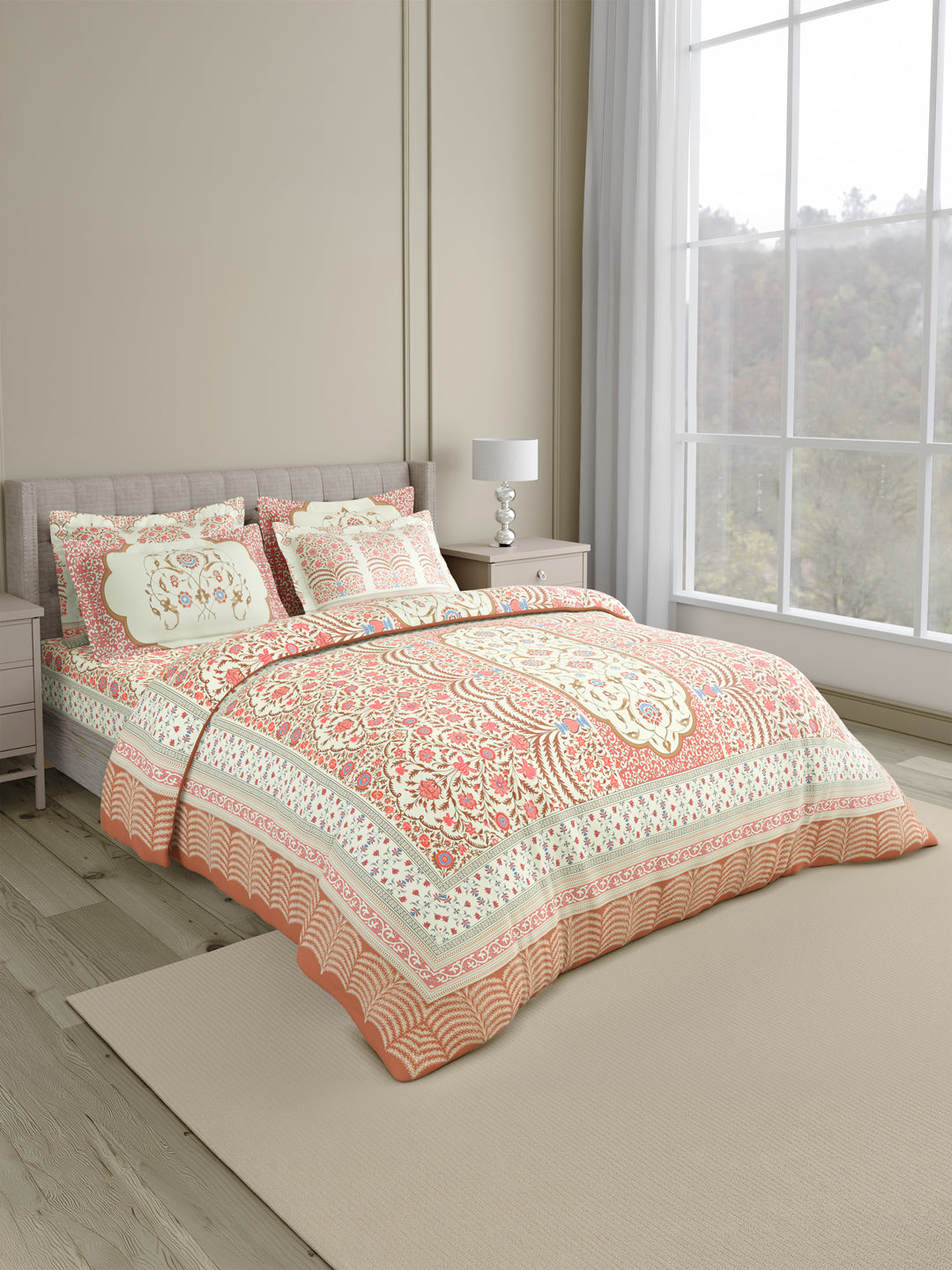 100% Cotton 800 TC King Bedsheet Set, Brown & Red Digitally Printed, Platinum Pulse Collection, Meenakari Design Prints