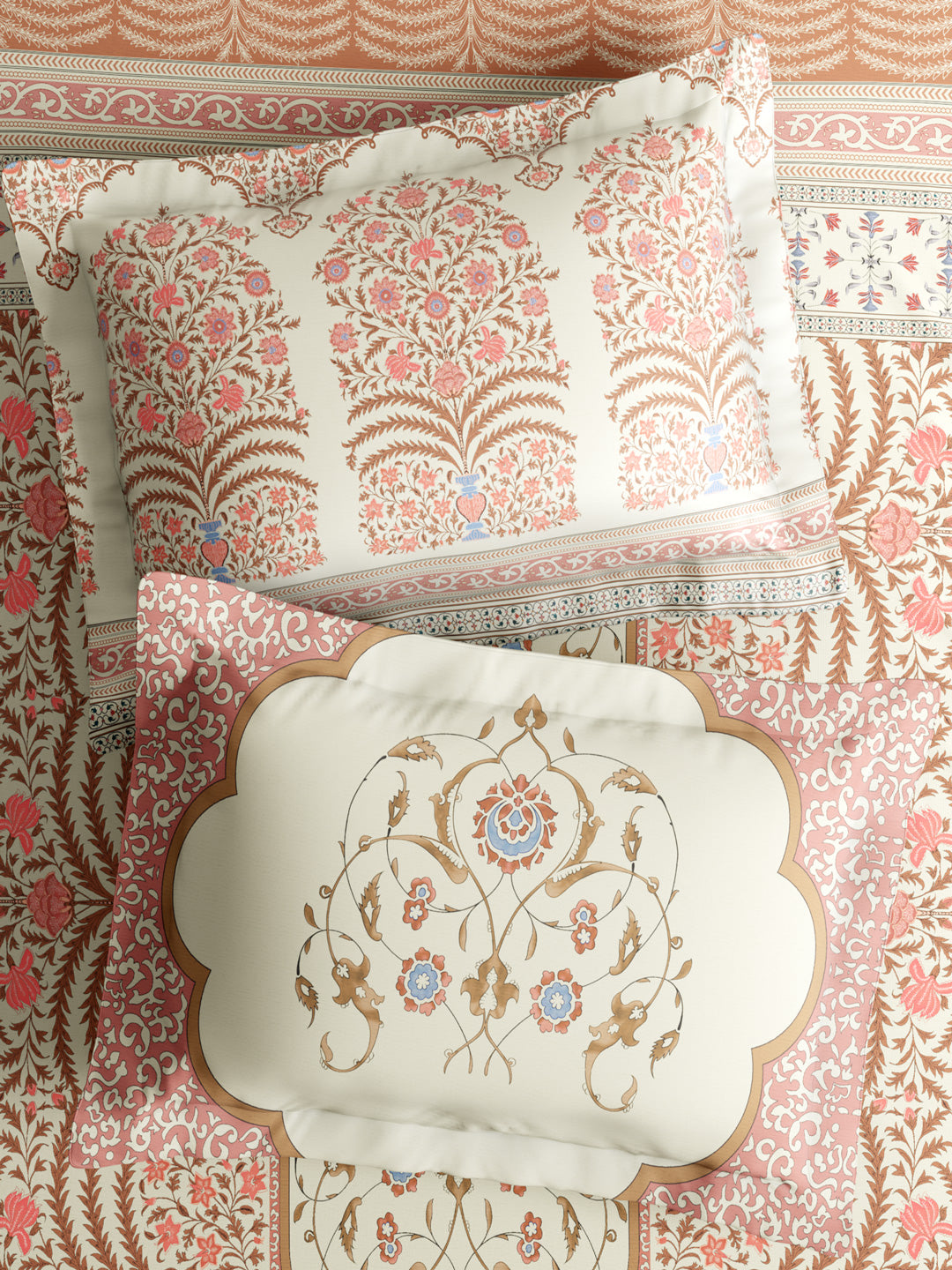 100% Cotton 800 TC King Bedsheet Set, Brown & Red Digitally Printed, Platinum Pulse Collection, Meenakari Design Prints