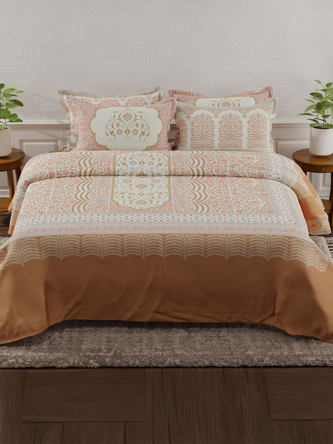 100% Cotton 800 TC King Bedsheet Set, Brown & Red Digitally Printed, Platinum Pulse Collection, Meenakari Design Prints