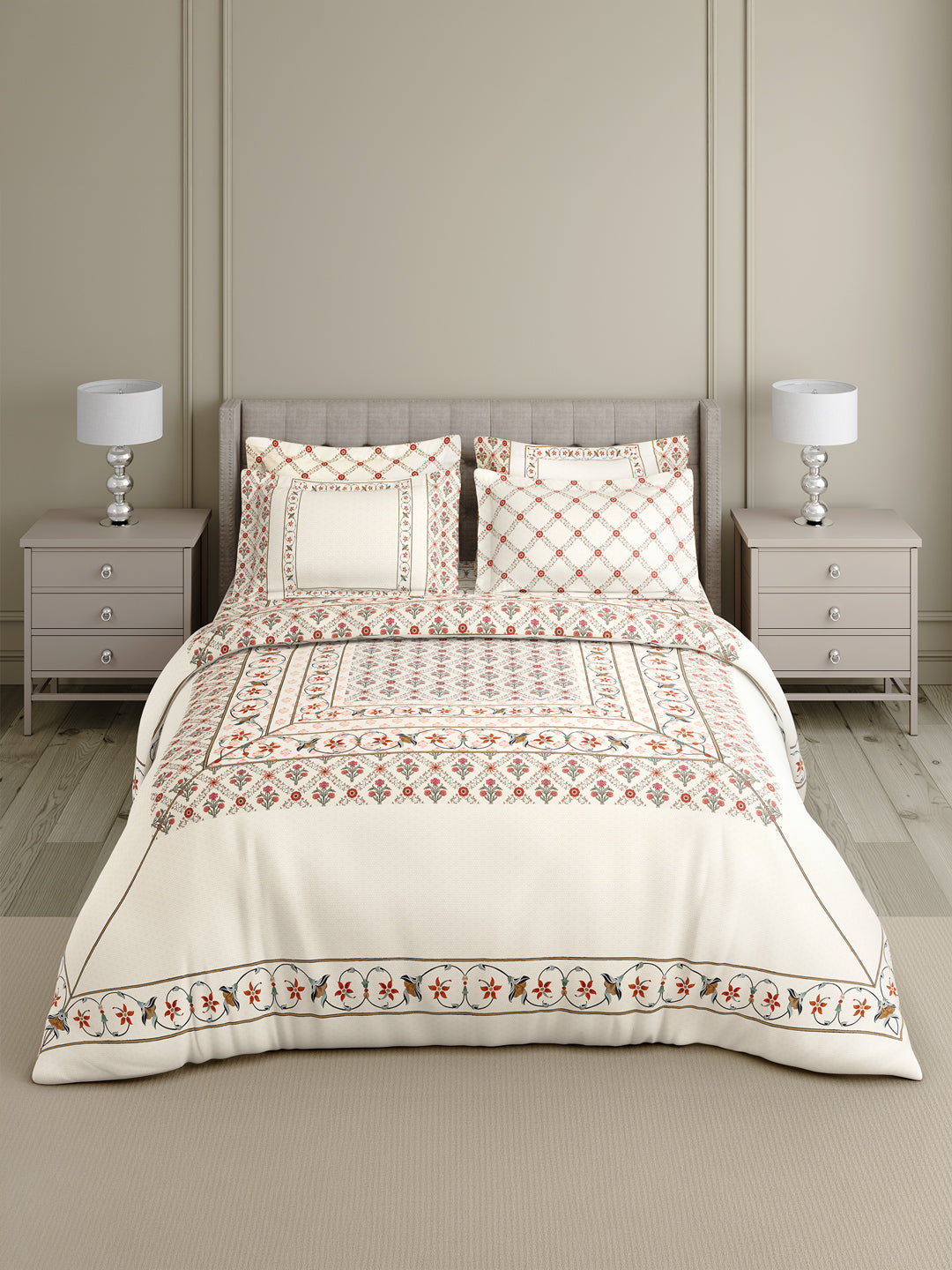 100% Cotton 800 TC King Bedsheet Set, White Digitally Printed, Platinum Pulse Collection, Meenakari Design Prints