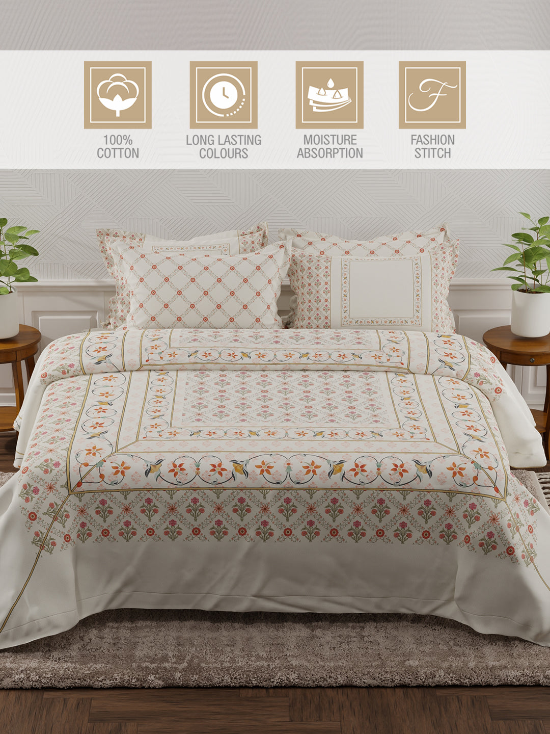 Platinum Pulse 100% Cotton 800 TC White Digital Meenakari Print King Bedsheet with 4 Pillow Covers
