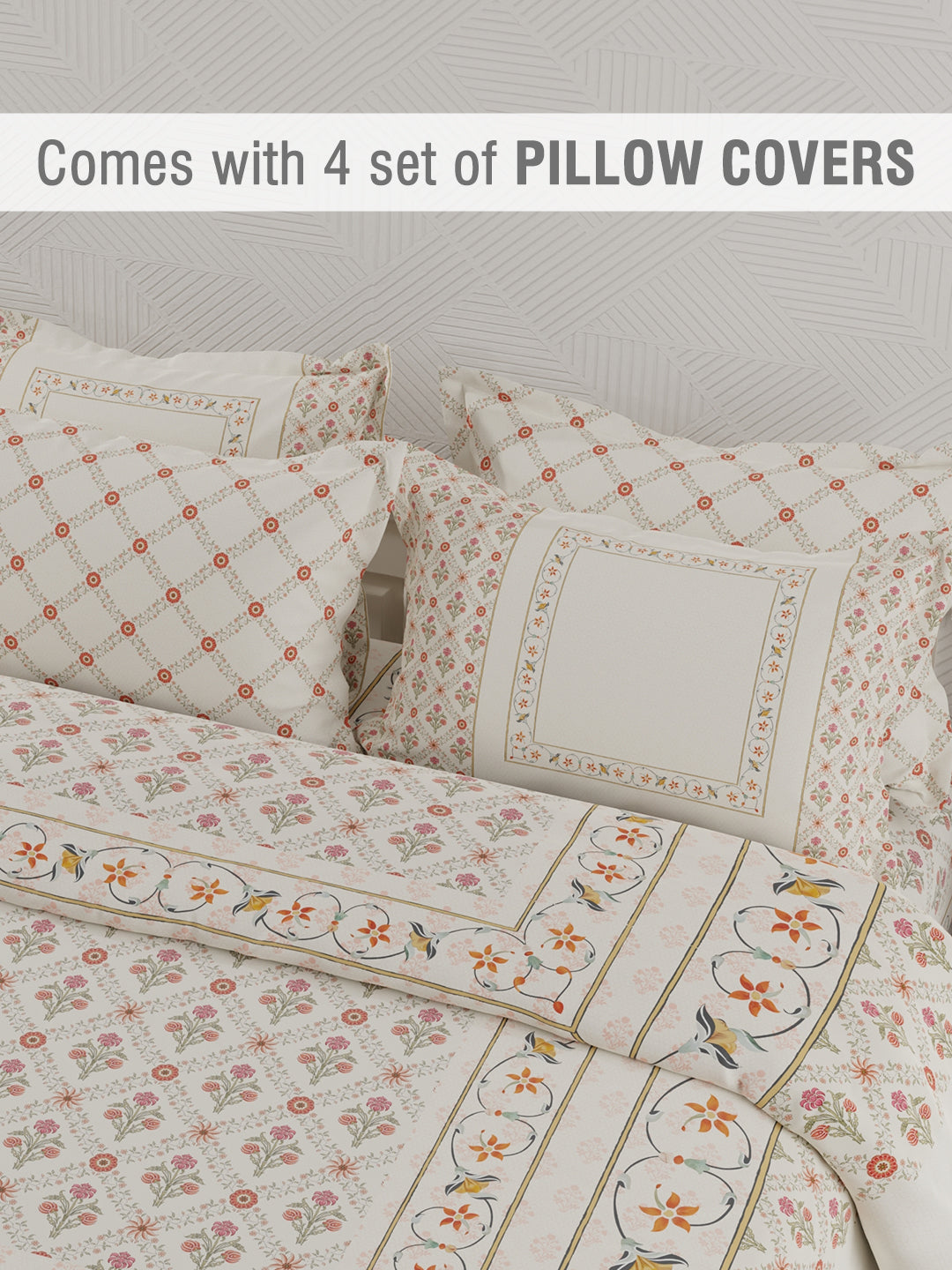 Platinum Pulse 100% Cotton 800 TC White Digital Meenakari Print King Bedsheet with 4 Pillow Covers