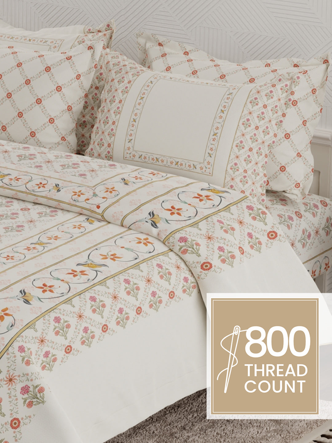 Platinum Pulse 100% Cotton 800 TC White Digital Meenakari Print King Bedsheet with 4 Pillow Covers