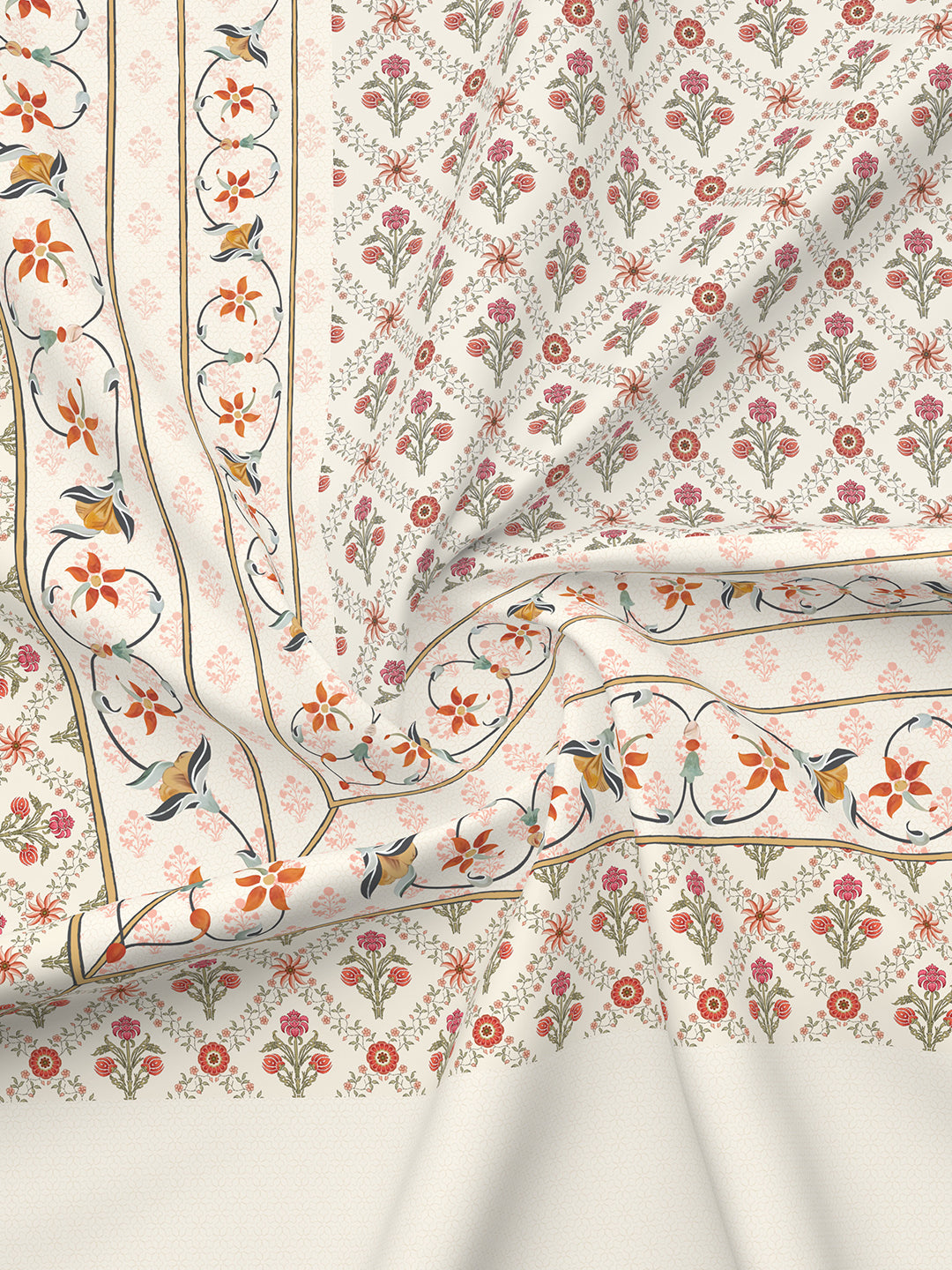 Platinum Pulse 100% Cotton 800 TC White Digital Meenakari Print King Bedsheet with 4 Pillow Covers