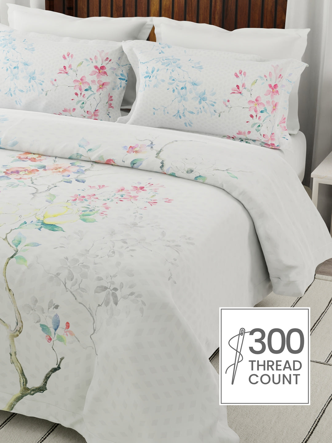 Gardenia Augusta 100% Cotton 300 TC White Floral Bedsheet with 2 Pillow Covers - Super King (120 L x 120 W inches)