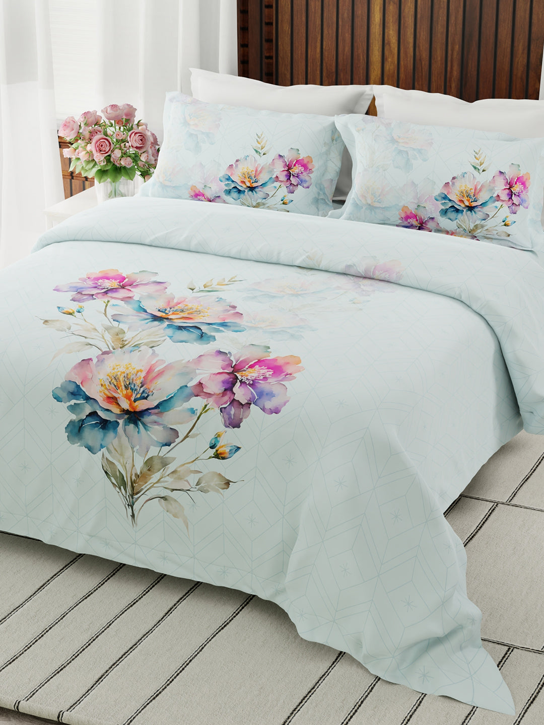 Gardenia Augusta 100% Cotton 300 TC Blue Floral Bedsheet with 2 Pillow Covers - Super King (120 L x 120 W inches)