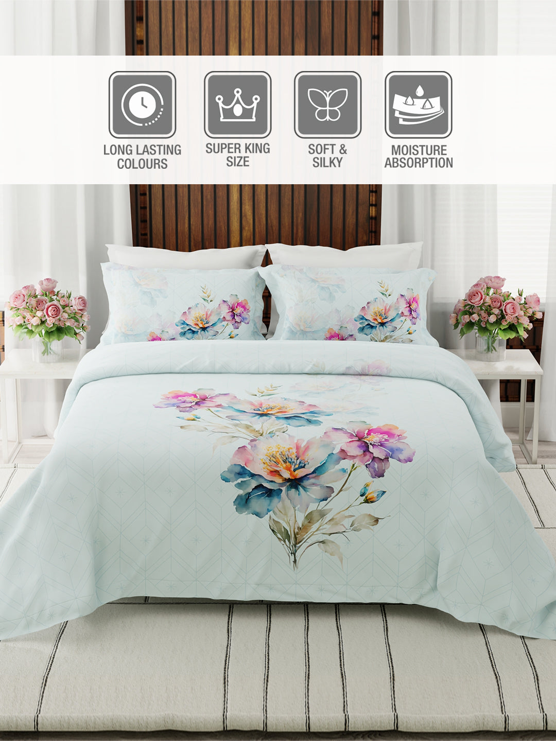 Gardenia Augusta 100% Cotton 300 TC Blue Floral Bedsheet with 2 Pillow Covers - Super King (120 L x 120 W inches)