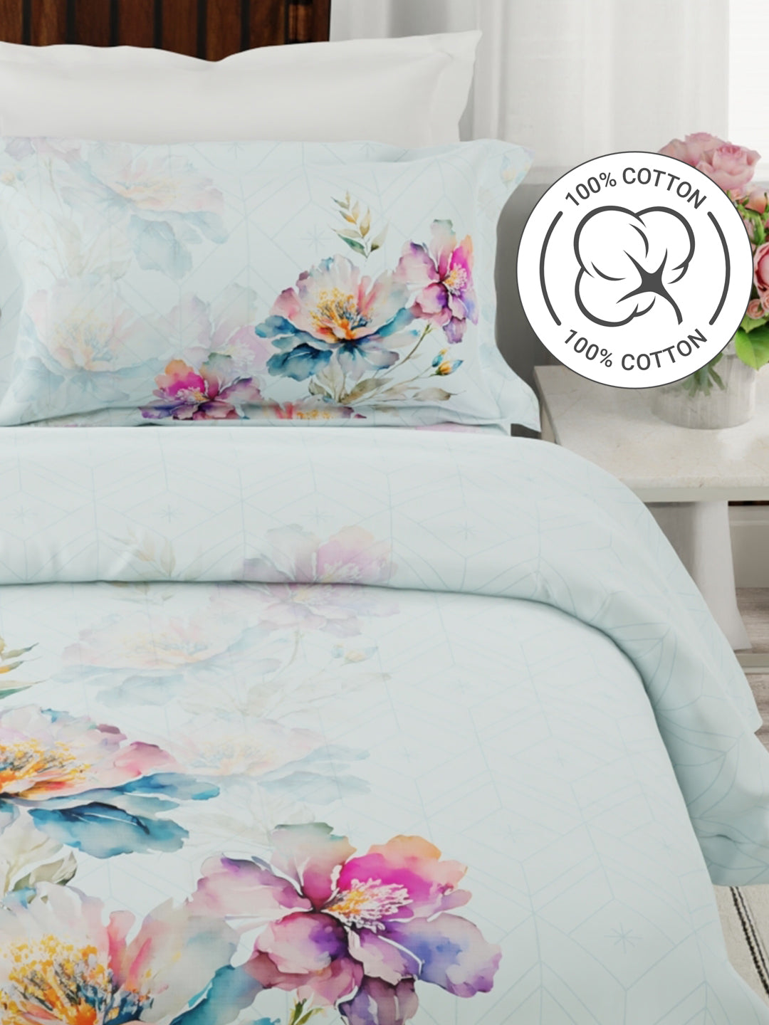 Gardenia Augusta 100% Cotton 300 TC Blue Floral Bedsheet with 2 Pillow Covers - Super King (120 L x 120 W inches)
