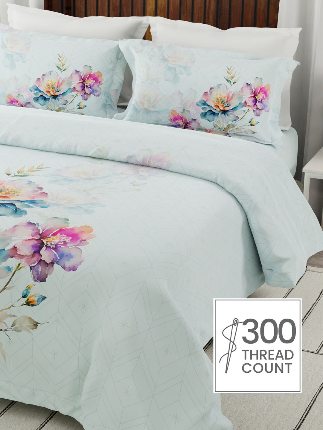Gardenia Augusta 100% Cotton 300 TC Blue Floral Bedsheet with 2 Pillow Covers - Super King (120 L x 120 W inches)