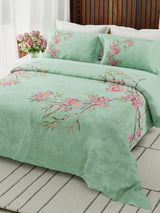 Gardenia Augusta 100% Cotton 300 TC Green Floral Bedsheet with 2 Pillow Covers - Super King (120 L x 120 W inches)