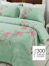 Gardenia Augusta 100% Cotton 300 TC Green Floral Bedsheet with 2 Pillow Covers - Super King (120 L x 120 W inches)