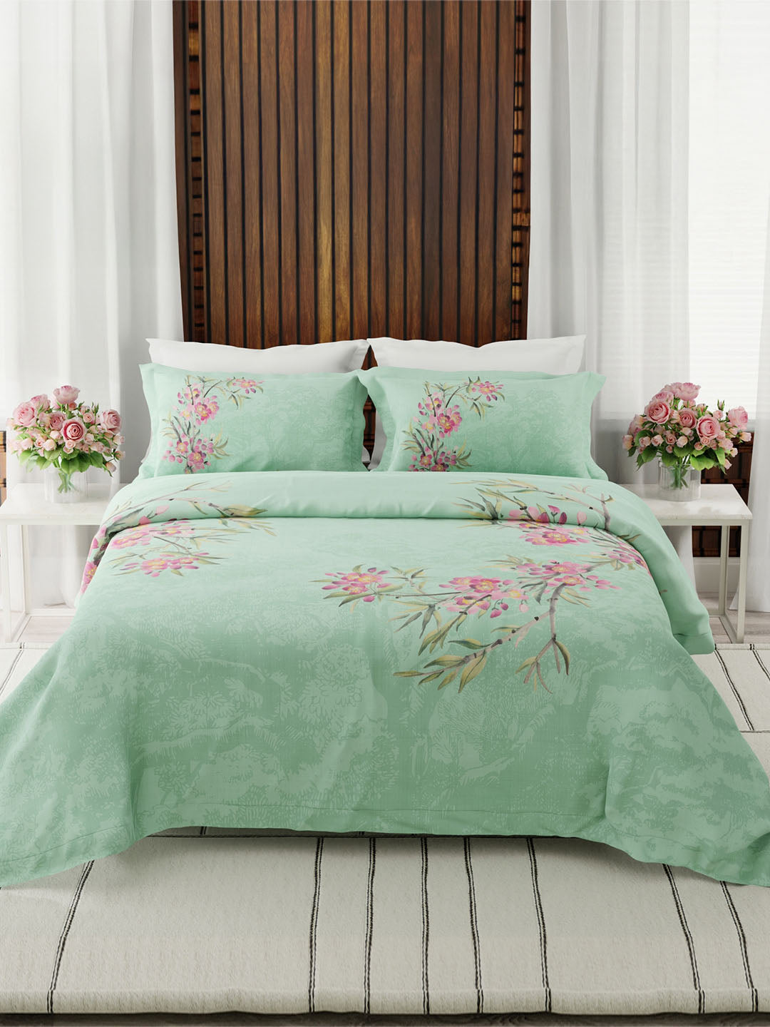Gardenia Augusta 100% Cotton 300 TC Green Floral Bedsheet with 2 Pillow Covers - Super King (120 L x 120 W inches)