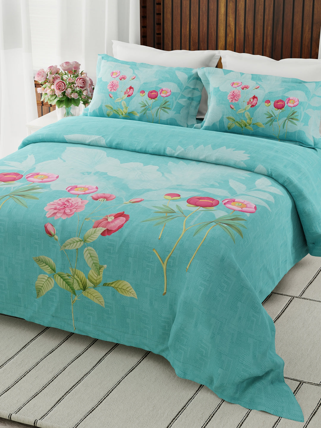 Gardenia Augusta 100% Cotton 300 TC Blue Floral Bedsheet with 2 Pillow Covers - Super King (120 L x 120 W inches)