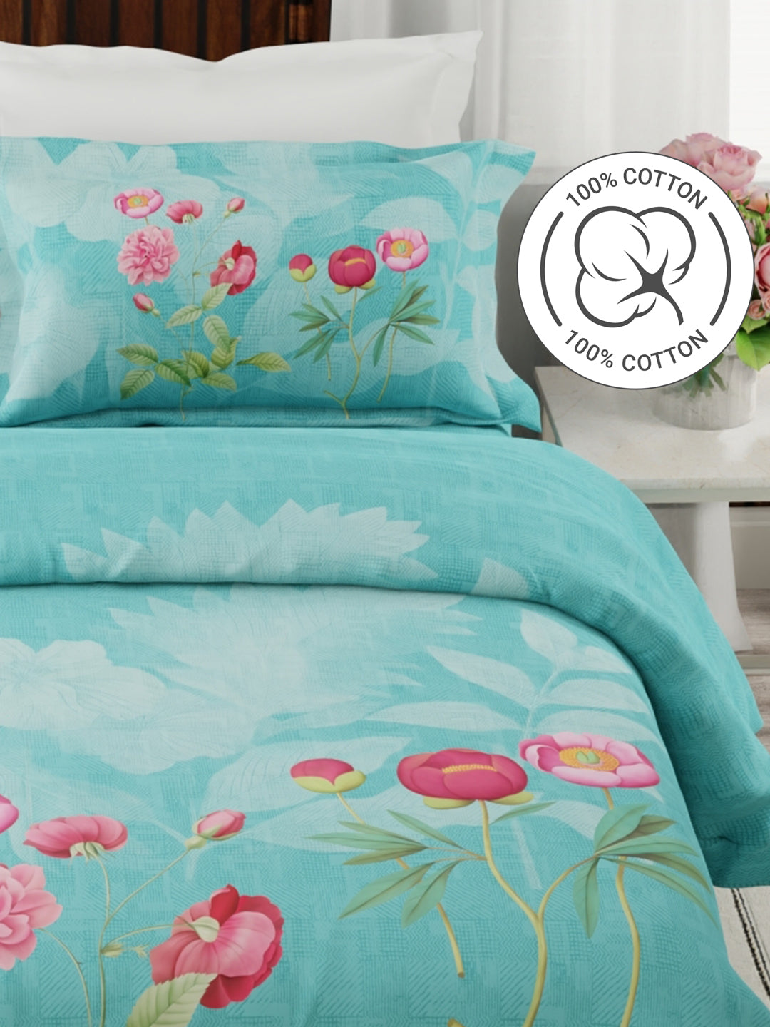 Gardenia Augusta 100% Cotton 300 TC Blue Floral Bedsheet with 2 Pillow Covers - Super King (120 L x 120 W inches)