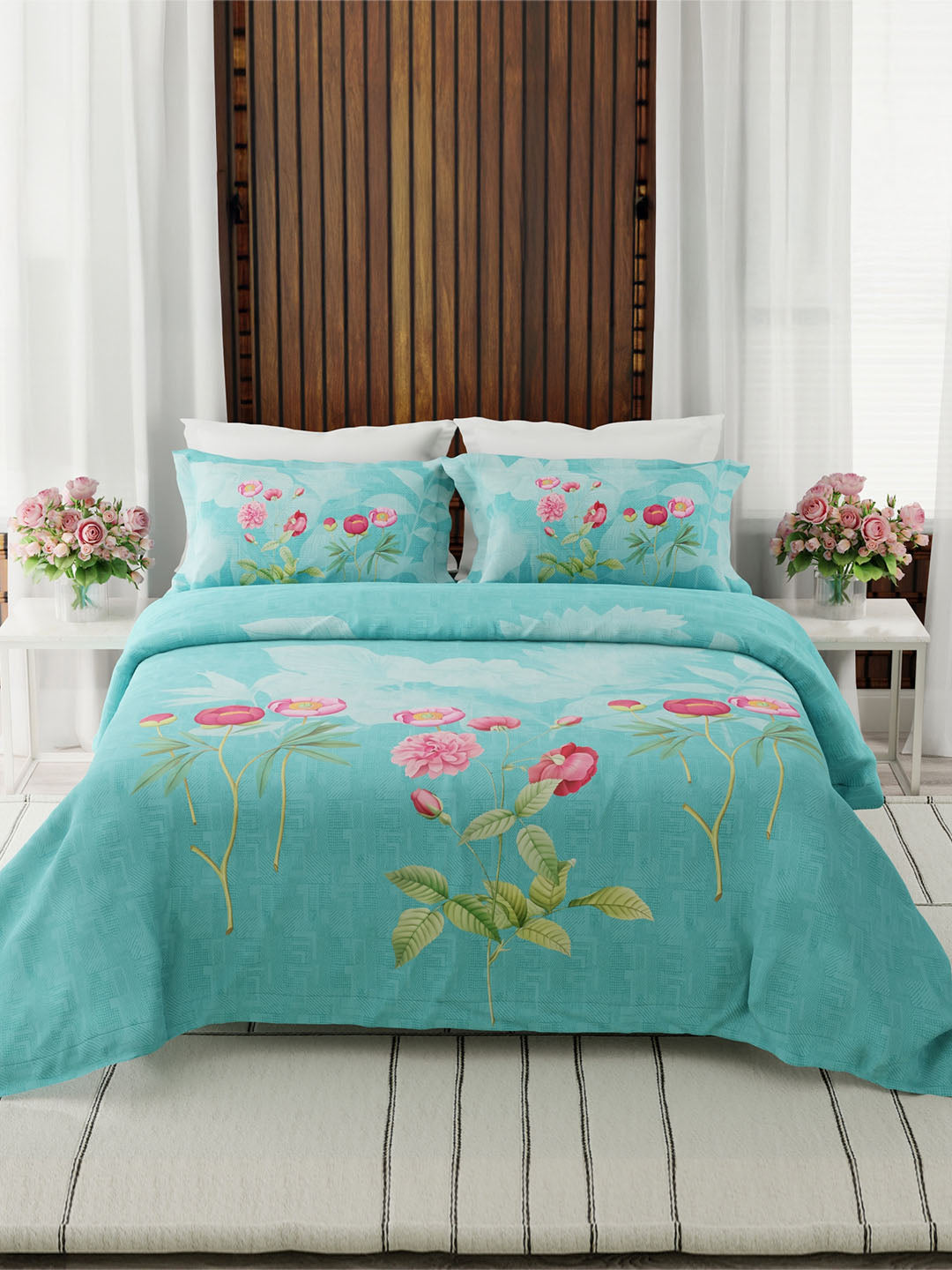 Gardenia Augusta 100% Cotton 300 TC Blue Floral Bedsheet with 2 Pillow Covers - Super King (120 L x 120 W inches)