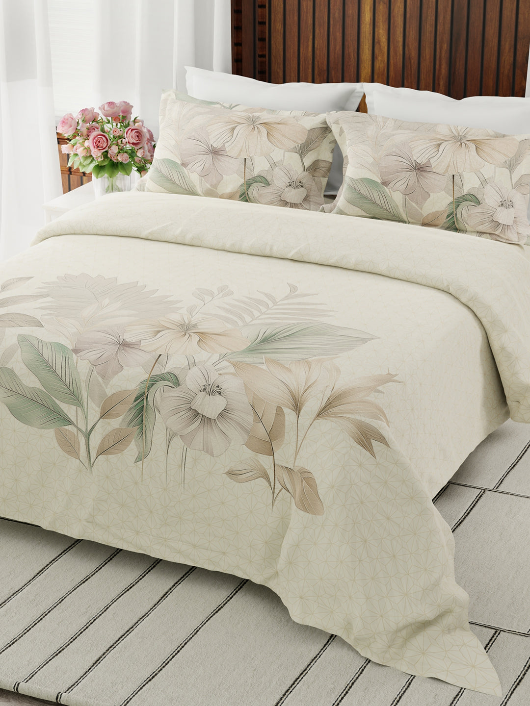 Gardenia Augusta 100% Cotton 300 TC Beige Floral Bedsheet with 2 Pillow Covers - Super King (120 L x 120 W inches)
