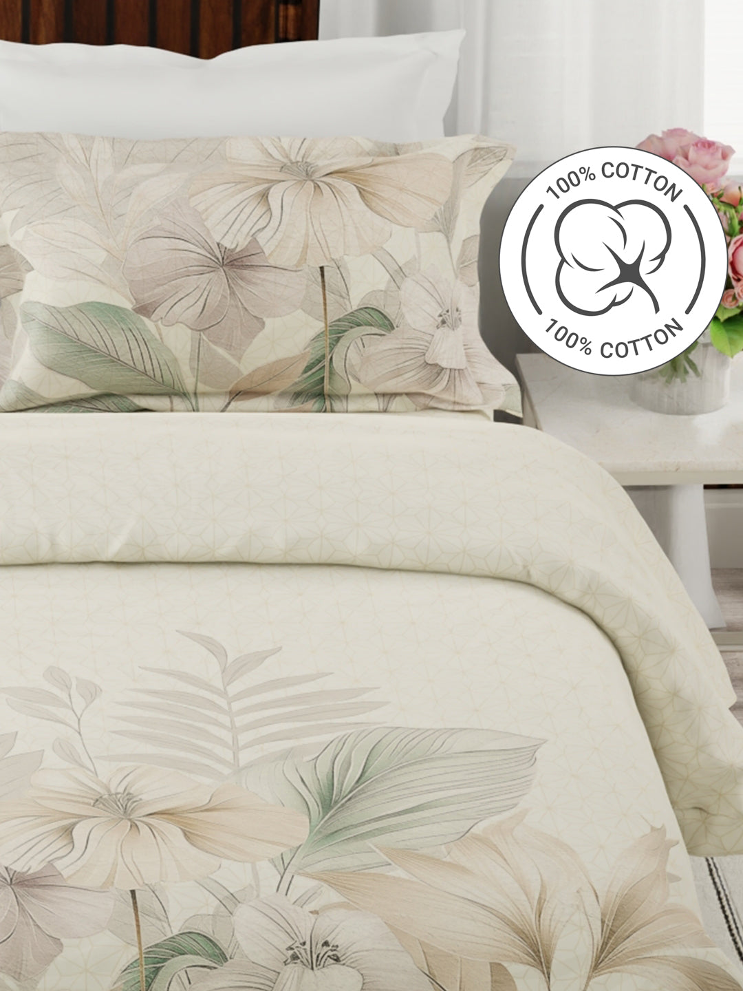 Gardenia Augusta 100% Cotton 300 TC Beige Floral Bedsheet with 2 Pillow Covers - Super King (120 L x 120 W inches)