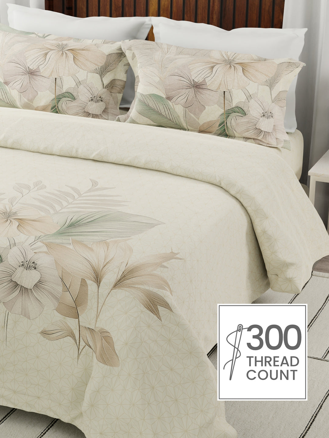 Gardenia Augusta 100% Cotton 300 TC Beige Floral Bedsheet with 2 Pillow Covers - Super King (120 L x 120 W inches)