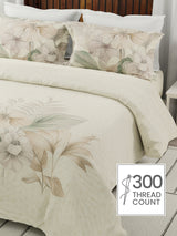Gardenia Augusta 100% Cotton 300 TC Beige Floral Bedsheet with 2 Pillow Covers - Super King (120 L x 120 W inches)