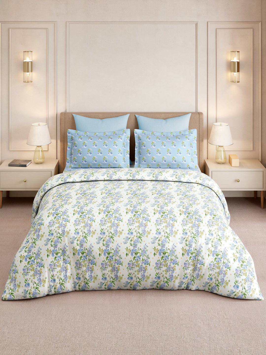 Gardenia Augusta 100% Cotton 300 TC King Bedsheet with 2 Pillow Covers | Blue & White Floral Digital Print
