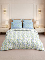 Gardenia Augusta 100% Cotton 300 TC King Bedsheet with 2 Pillow Covers | Blue & White Floral Digital Print