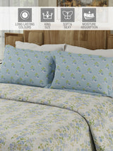 Gardenia Augusta 100% Cotton 300 TC Blue & White Digital Floral Print King Bedsheet with 2 Pillow Covers