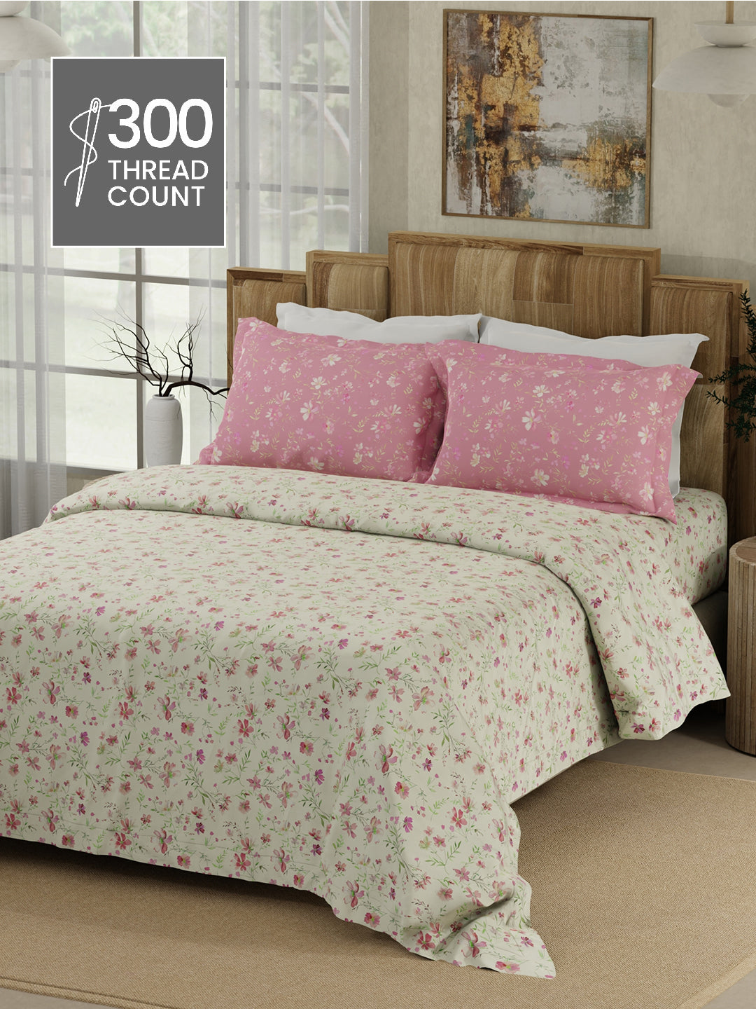 Gardenia Augusta 100% Cotton 300 TC Pink & White Digital Floral Print King Bedsheet with 2 Pillow Covers