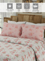 Gardenia Augusta 100% Cotton 300 TC White & Pink Digital Floral Print King Bedsheet with 2 Pillow Covers