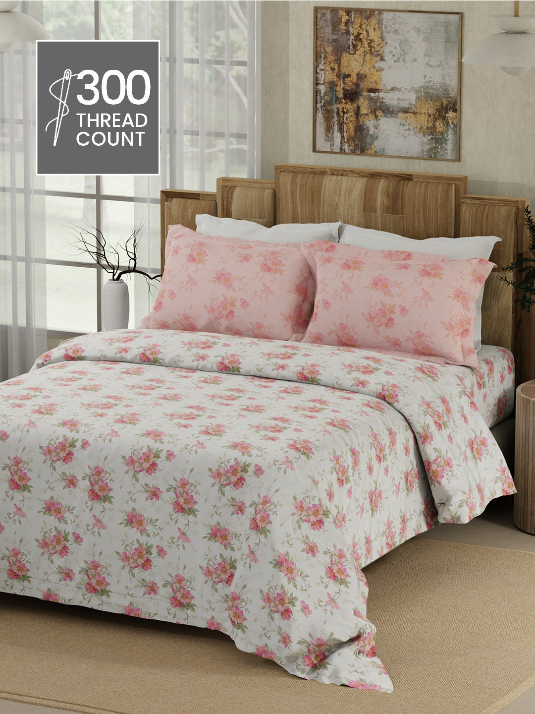 Gardenia Augusta 100% Cotton 300 TC White & Pink Digital Floral Print King Bedsheet with 2 Pillow Covers