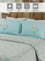 Gardenia Augusta 100% Cotton 300 TC Blue Digital Floral Print King Bedsheet with 2 Pillow Covers