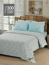 Gardenia Augusta 100% Cotton 300 TC Blue Digital Floral Print King Bedsheet with 2 Pillow Covers