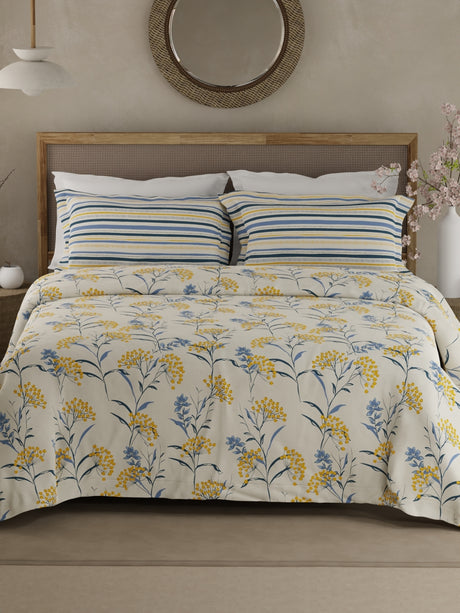 Valatia 100% Cotton 200 TC Double Bedsheet with 2 Pillow Covers - Yellow & Blue Floral