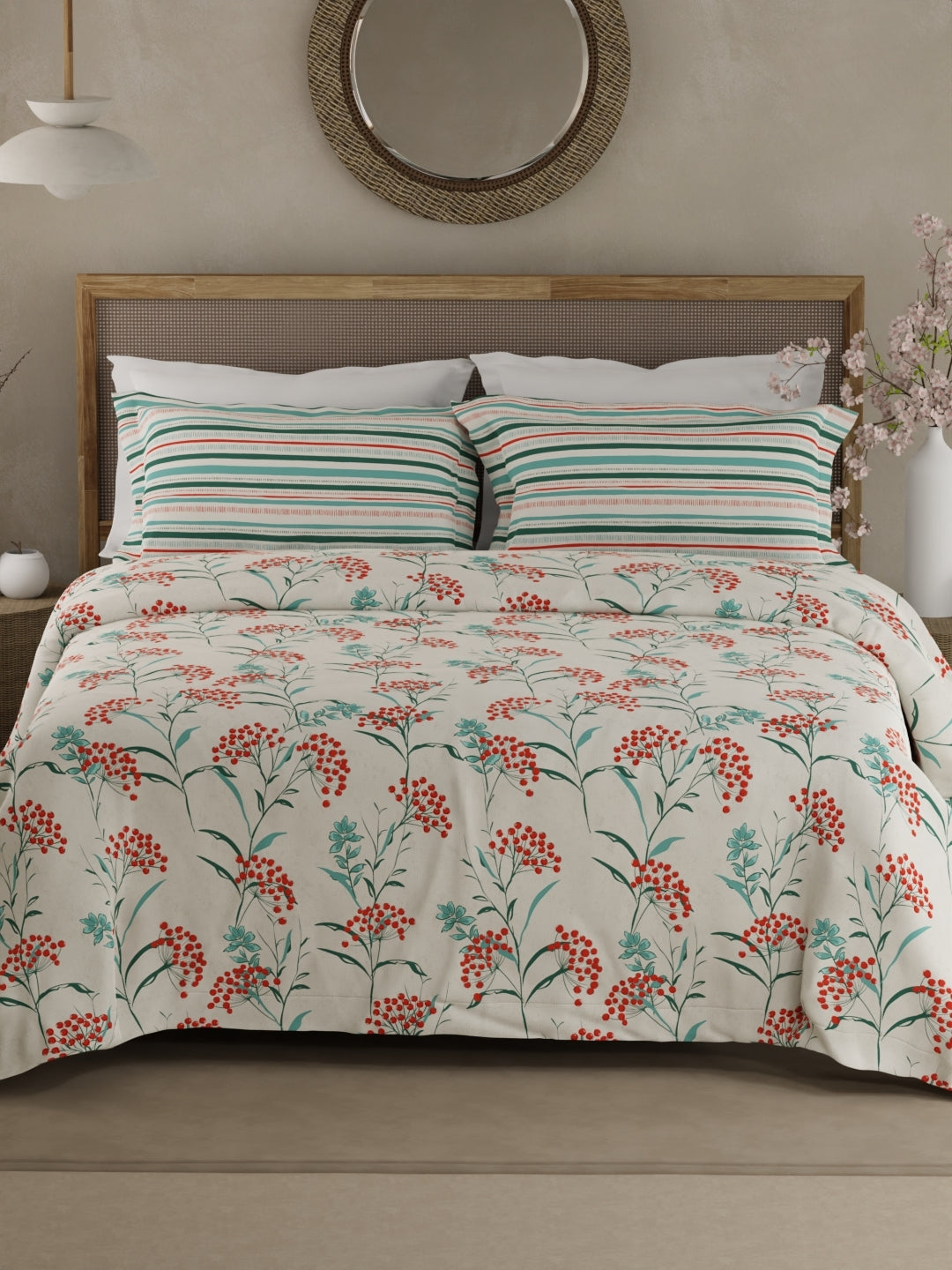 Valatia 100% Cotton 200 TC Double Bedsheet with 2 Pillow Covers - Red & Blue Floral