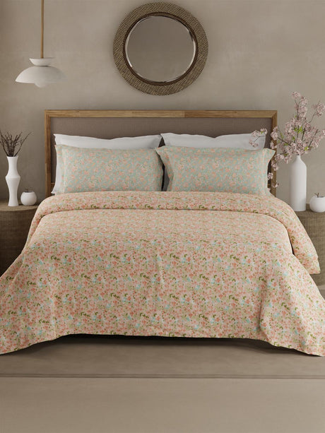 Valatia 100% Cotton 200 TC Double Bedsheet with 2 Pillow Covers - Pink Floral