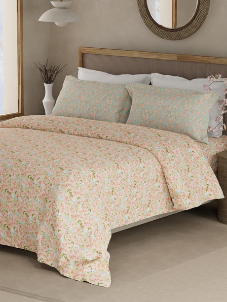 Valatia 100% Cotton 200 TC Double Bedsheet with 2 Pillow Covers - Pink Floral