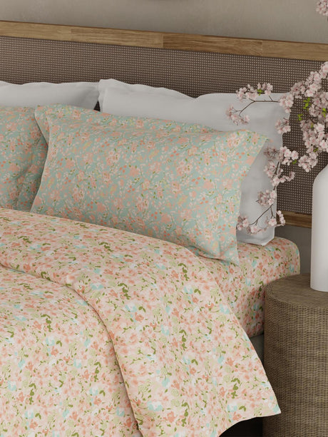 Valatia 100% Cotton 200 TC Double Bedsheet with 2 Pillow Covers - Pink Floral